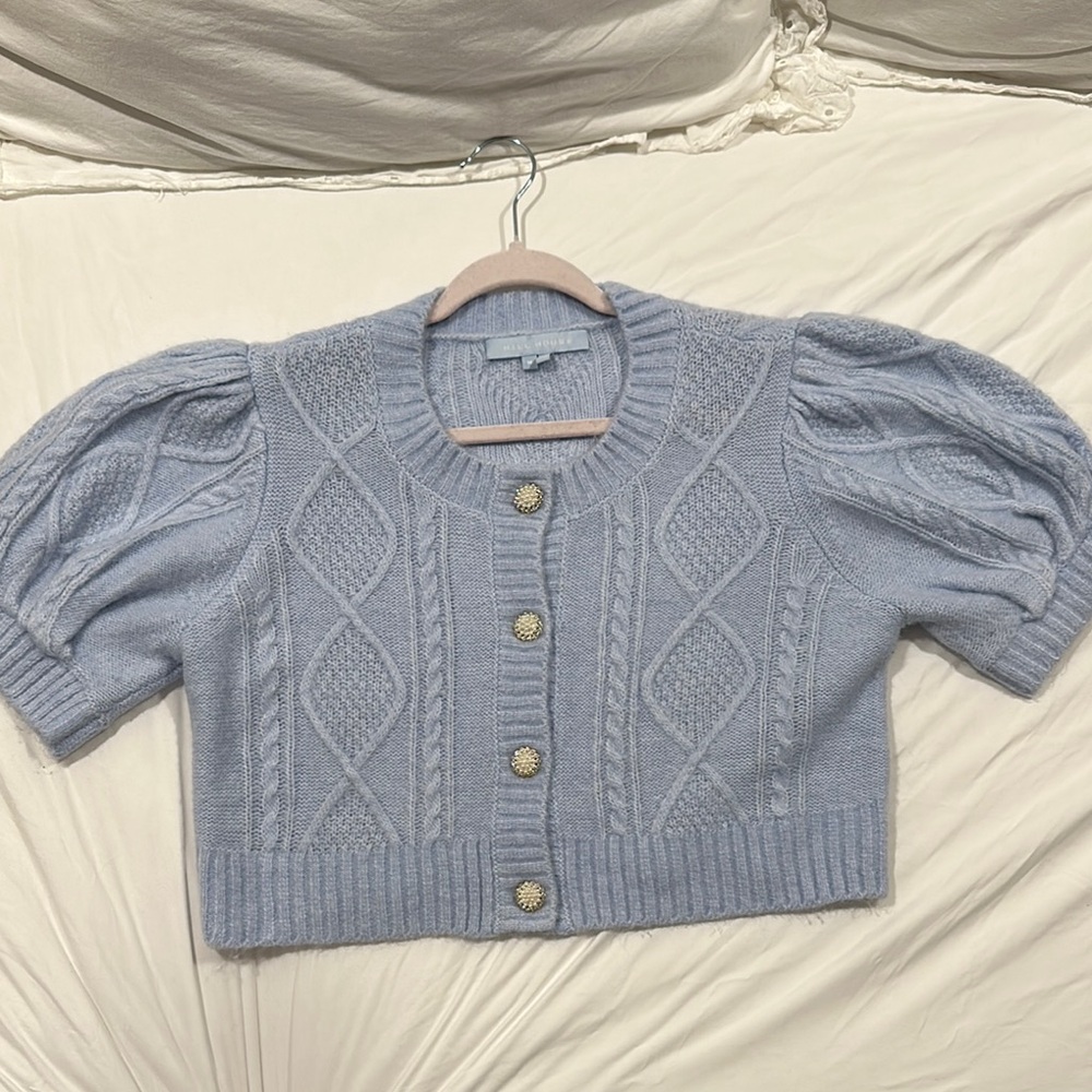 Hill House Blue Cropped Cardigan with Puff Sleeves